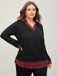 BloomChic Women's Plus Size V-Neck Shirt Collar Cotton-Polyester Fabric Garment, Summer 2026 Mother's Day Pick, Long Sleeve Gingham Patchwork Hoodie, Arc Hem Casual Regular Fit Top [M-6X]