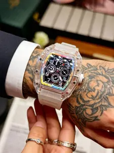 Men's Quartz Watch with Crystal Transparent Case, Rainbow Dial, Waterproof Sport Casual Wristwatch, Trendy Business Daily Watch