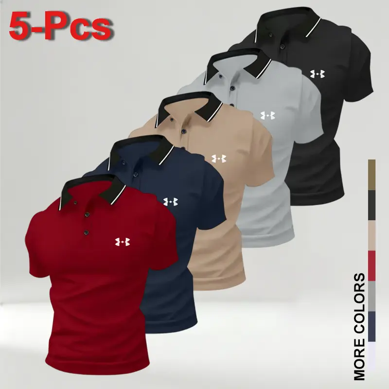 5-Pcs Men's Polo Shirts in Multiple Colors - Comfortable & Stylish,casual sportswear tops formen-essential for business travel,dates,and homewear IBreathable,comfortable fabric;casualstylelGolf shirt,Menswear Set Fashion Shortsleeve  Casual  Top Chainsaw