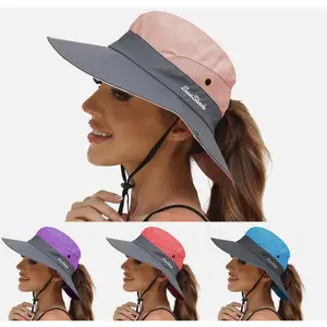 Women's Ponytail Safari Sun Hat,Wide Brim UV Protection Outdoor Bucket Hat,Foldable Beach Summer Fishing Hat