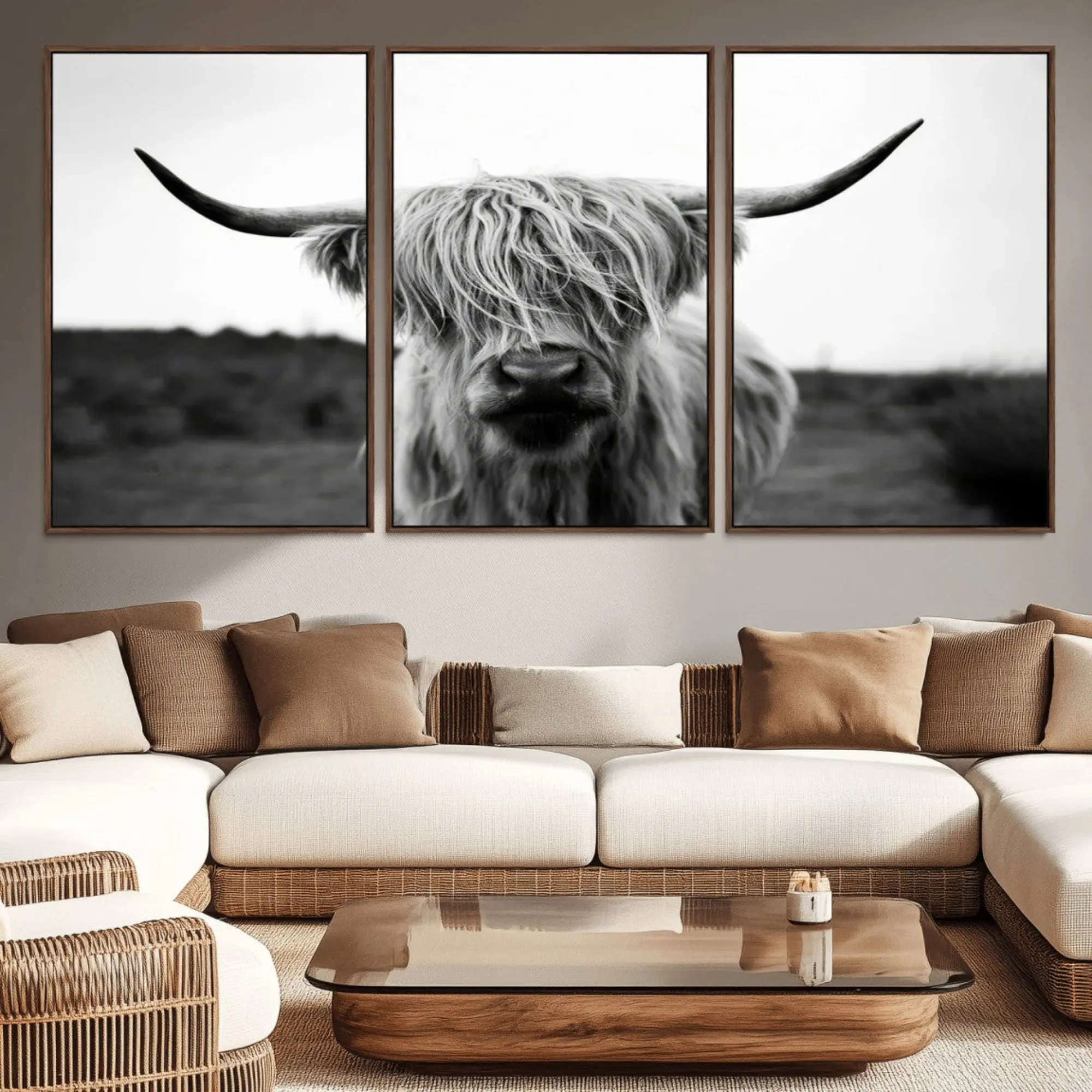 Highland Cow Artwork - Rustic Black and White Natural Animal Pine Wood Print, Triptych Farmhouse Home Wall Decoration for Wall Display