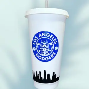 Custom white 20oz Plastic Dodgers Cup with straw & lid