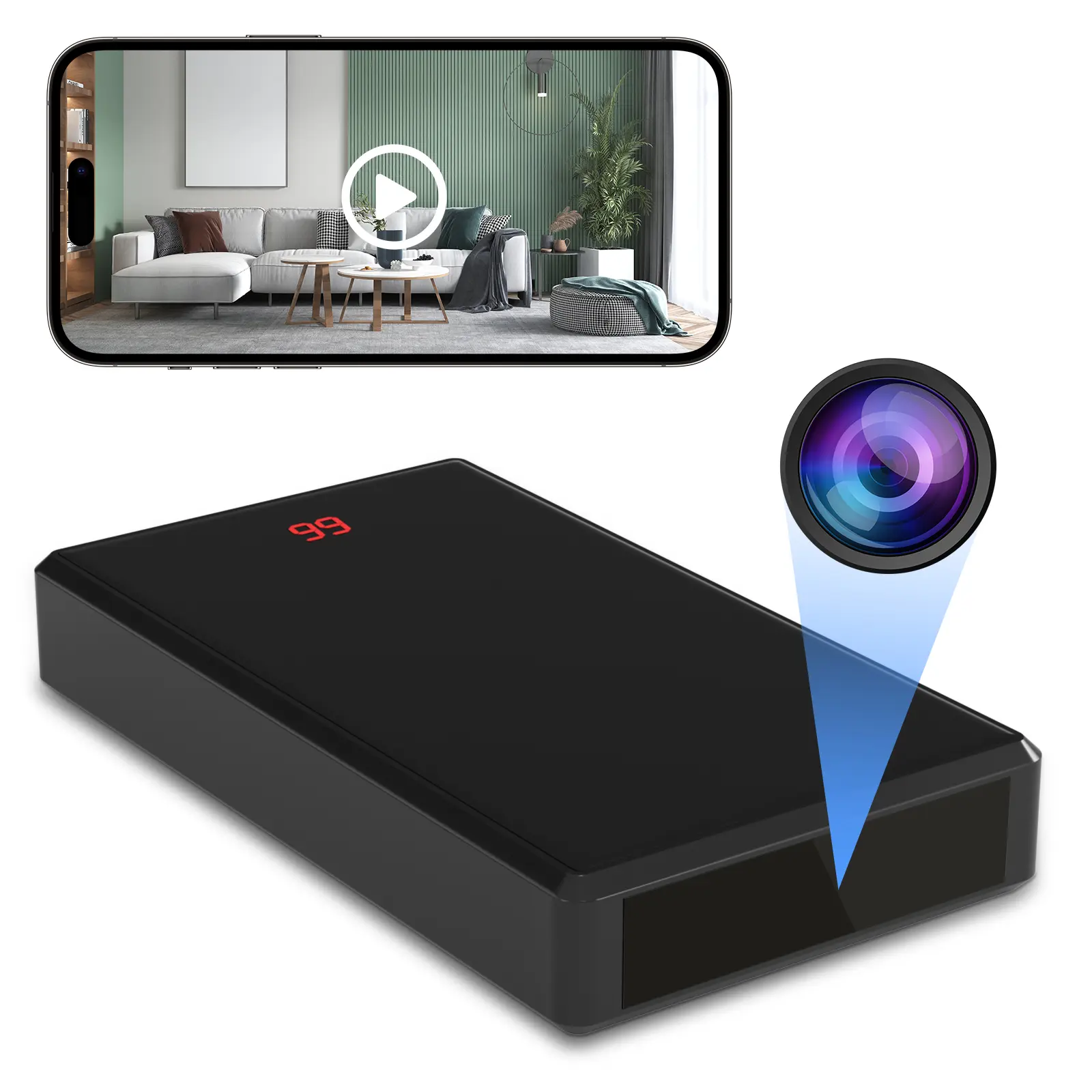 10000mAh Portable Power Bank with Full HD 1080P Camera Security Device, Wi-Fi Connectivity, Detection Alarm, Remote APP Control, USB Port for Indoor-Outdoor Use