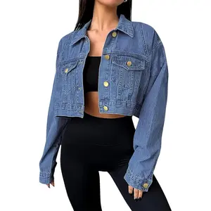 Denim Jackets Cropped Jean Jacket Long Sleeve Casual Button Down Crop Jean Jacket