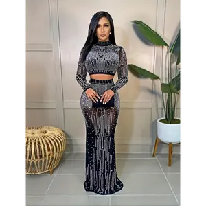 Party Rhinestone Two-piece Set, Bodycon Crop Top & High Waist Floor Length Skirt, Women'S Clothing Fabric Sleeve