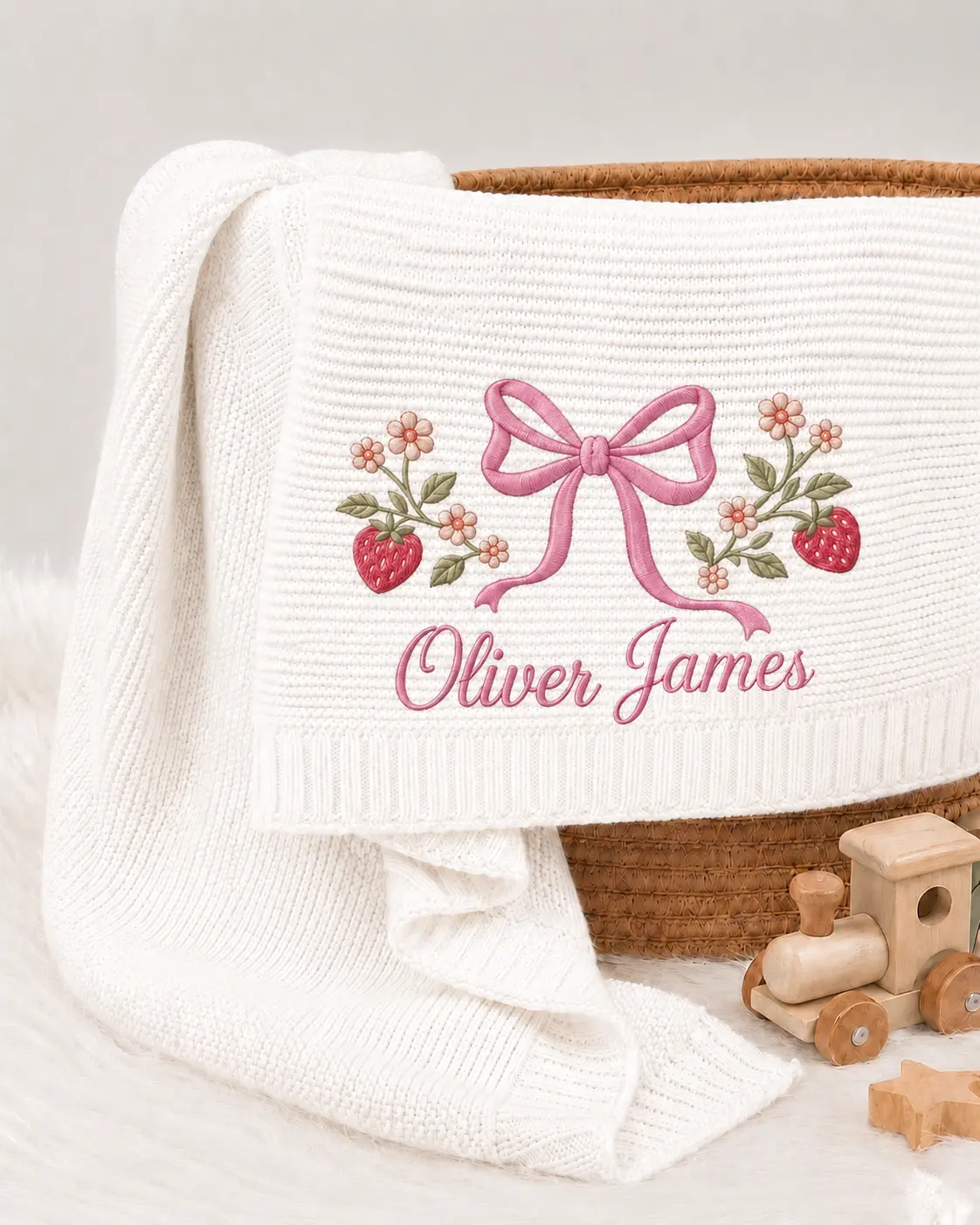 [Made-to-Order] Personalized Pink Bow Embroidered Knit Blanket, Custom Name Baby Blanket, Strawberry Blossom Quilt, Coquette Nursery Decor, Keepsake Gift