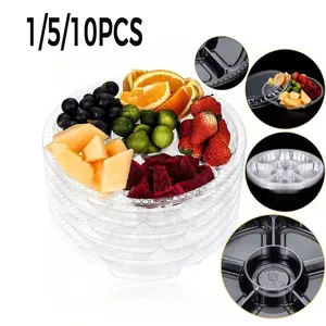 Circular Plastic Tray with Lid, Divided Meal Plate, Six-Compartment Food Container, 100 Plastic Fruit Forks, Ideal for Parties and Buffets
