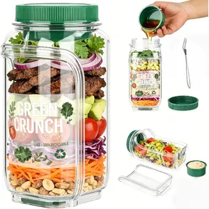 Salad Jar with Side Opening - Leakproof Salad Container  Mason Jar with Dressing Cup, Portable Lunch Container for Meal Prep, Dishwasher & Freezer Safe, for Office, Gym(Green)