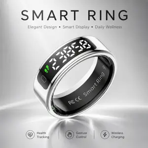 Luxury Smart Ring with LED Display, Wearable Fitness Health Tracker Ring, Blood Oxygen Heart Rate Sleep Monitoring, Wireless Charging, Stainless Steel Waterproof Ring