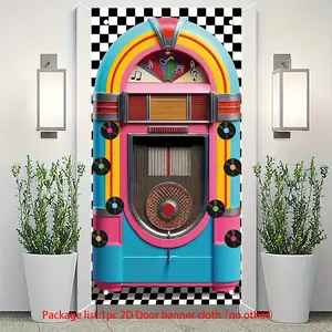 2D flat banner - Retro powder blue color contrast banner, with nostalgic jukebox design. Suitable for decorating door banners for 1950s rock parties. Made of polyester fabric. dyz