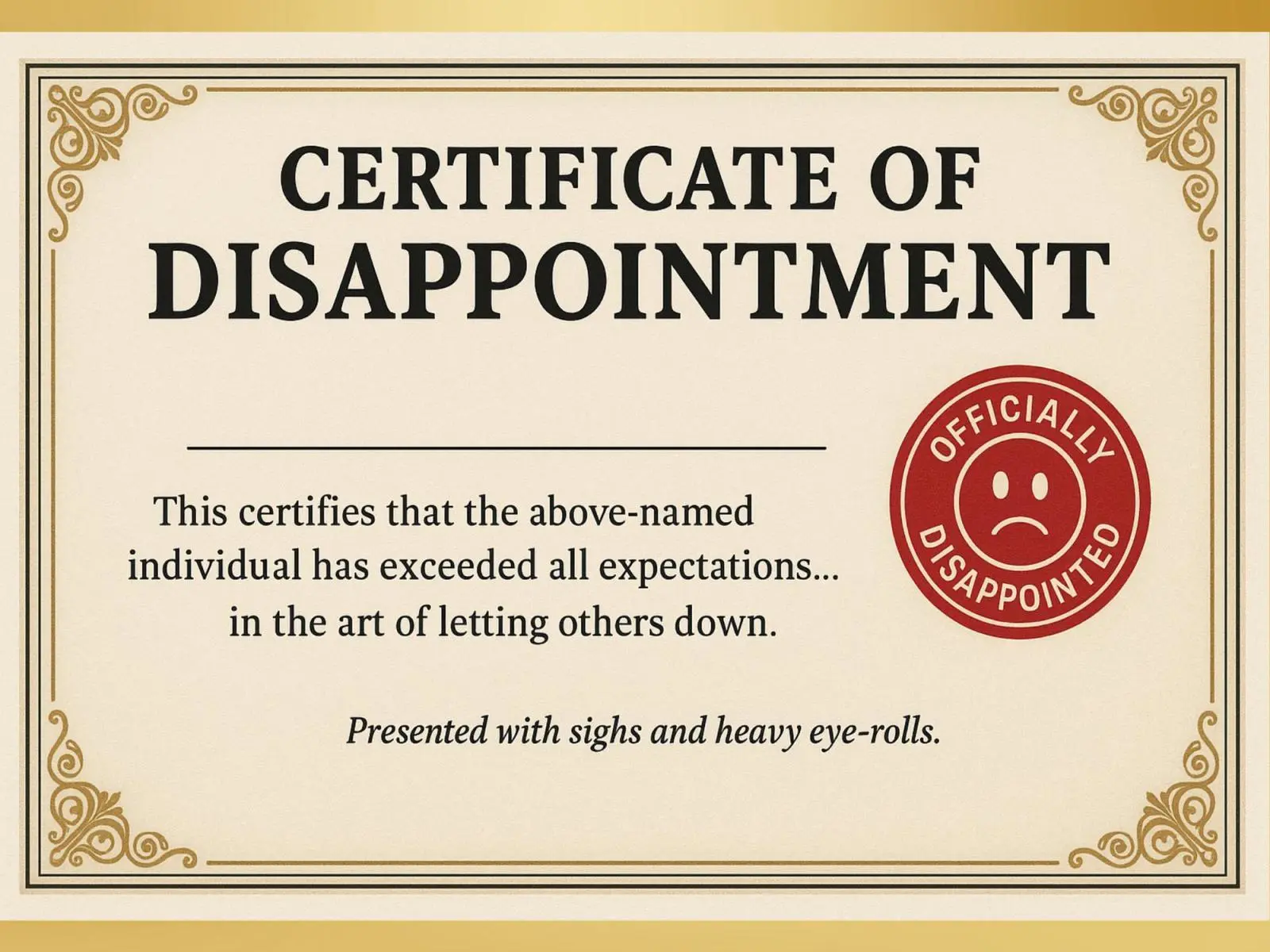 Funny Certificate of Disappointment Prank Postcard: Anonymous Gag Gift