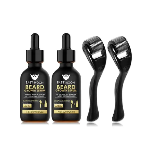 EASTMOON Buy 1 Get 1 Free Beard Growth Serum & Massage Derma Roller Kit - 60ml Rosemary & Biotin Hair Care Liquid, Stainless Steel Bottle, Roll for Growth, Roll Then Apply, Brightening Men's Daily Essential Father's Day Gift Set