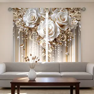 2-pack, white and gold elegant luxurious floral pattern digital printed curtains, rod pocket design (rod not included), privacy protection curtains, suitable for bedroom, living room, dining room, home decor curtains.