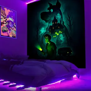Neon Haunted Mansion and Ghost Scene UV Reactive Fluorescent Tapestry, Glow-in-the-Dark Polyester Wall Decor for Bedroom, Party, Game Room, and Living Room, Multiple Sizes Polyester Fabric for Wall Decoration, Easy to Clean and Maintain