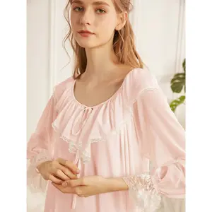 Elegant Vintage-Inspired Lace Princess Nightgown For Women - Breathable Mesh, Long Sleeve, Round Neck Sleep Dress With Modal Lining Nightgowns For Women Plus Size Nightgowns For Women