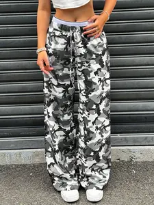 American Street Style Camouflage Star Print Fashion Women Pants, Mid Waist Straight Loose Drawstring Large Size Trousers for Daily Comfort Casual