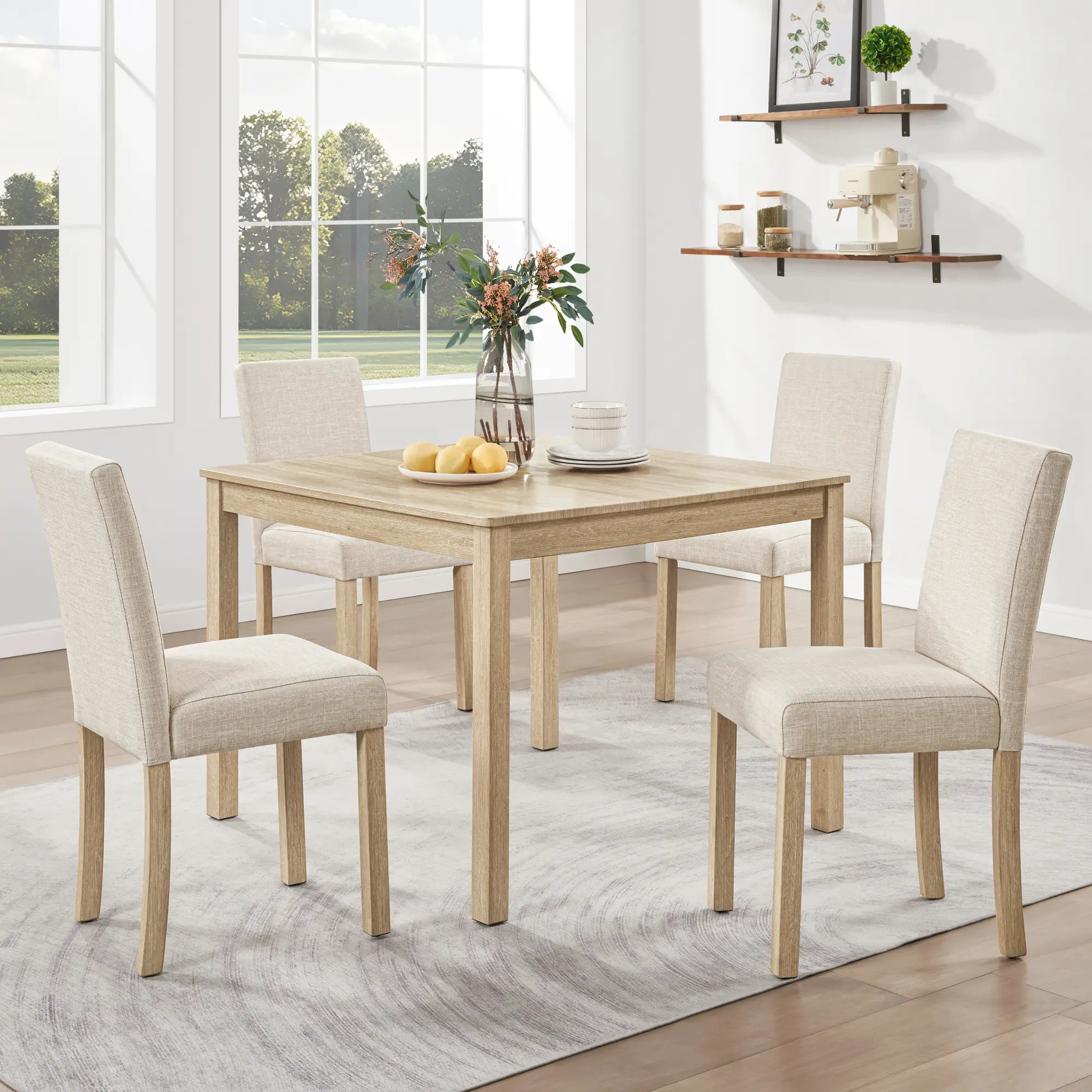 Wooden 5-Piece Dining Table Set for 4, Light Oak Dining Room Table Set with 4 Chairs, Farmhouse Kitchen Dining Table and Chairs Set, Small Space Rectangle Dining Furniture for Home Apartment Breakfast Nook