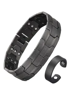 Vintage Copper Color Magnetic Bracelet and Ring Set, Gingham Pattern, Strong 3500 Gauss Magnet, Unisex, Daily Wear and Gift, Wearable