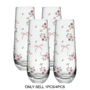 1/4 Pack Rose&Bow Pattern Stemless Champagne Flutes, 8oz Champagne Flutes, Prosecco Glasses, Mimosa Glasses, Stylish Drinkware, Perfect Housewarming Gift