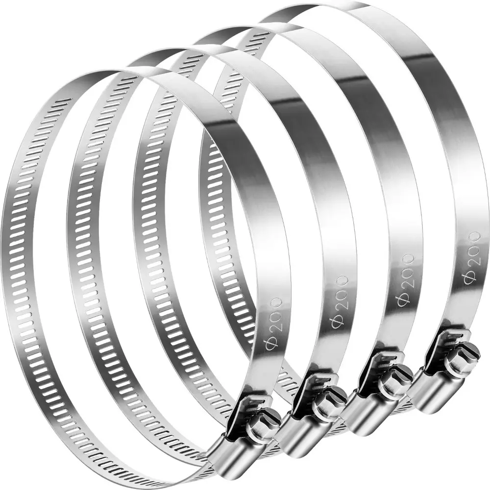4-Piece 8-Inch Adjustable 304 Stainless Steel Corrosion-Resistant Leak-Proof Worm Duct Clamps for Boat, Automotive Pipe, Plumbing Applications
