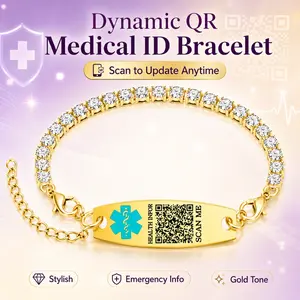 Uloveido Editable Dynamic QR Code Medical Alert Tennis Bracelet for Women, Gold Plated Scannable Emergency ID Jewelry