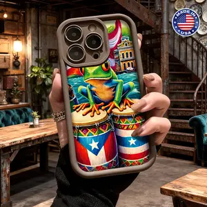 Funny Frog Playing Drum Puerto Rico Flag Artistic Pattern Case for iPhone 17 16 15 14 Pro Max 13 12 11 XR XS Plus Air Slim Shockproof Anti Drop Protective Lightweight Durable TPU Cover
