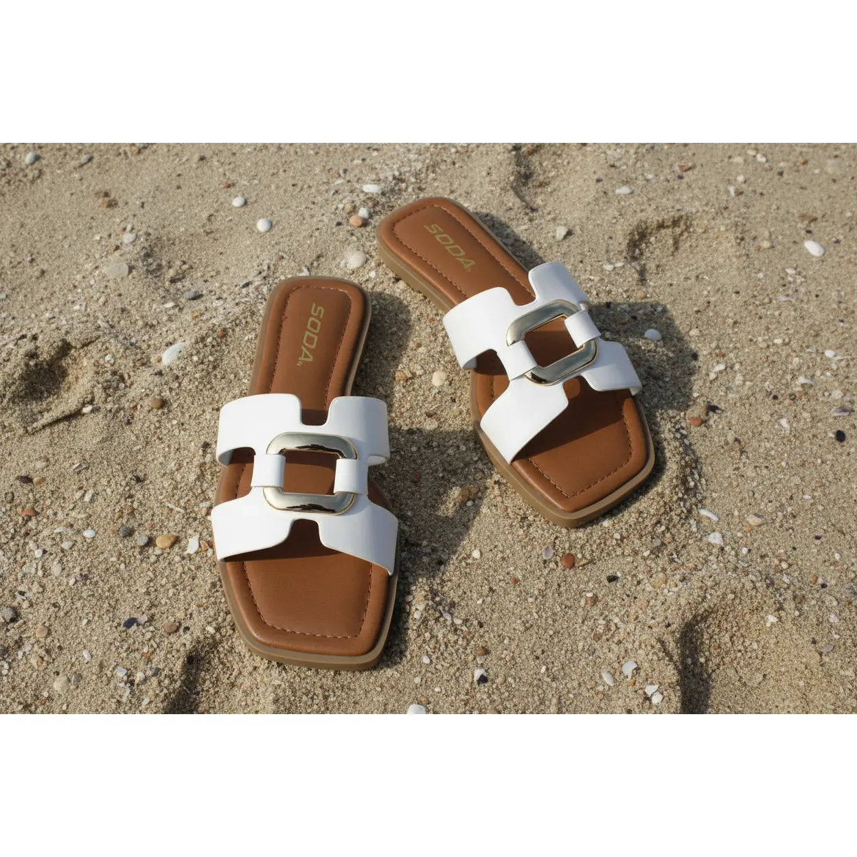 Women's White Minimalist Square Toe Casual Flat Sandal - Double Strap Buckle Design