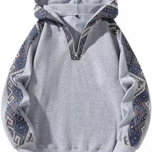 Men's Ethnic Pattern Quarter Zip Hoodie with Geometric Sleeves and Grey Body