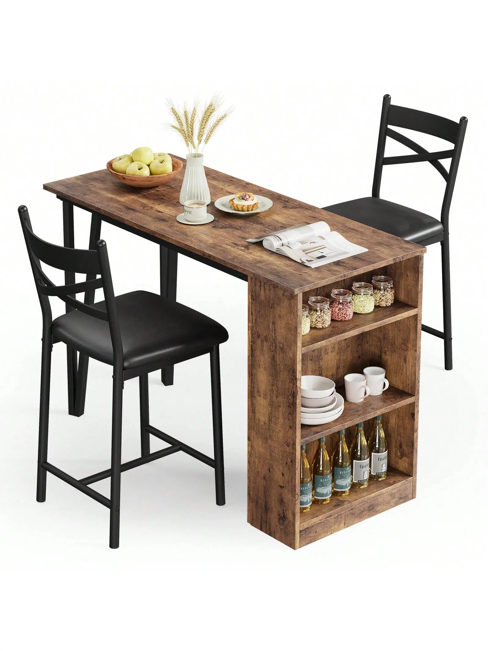 3Piece 36in Wooden Counter Height Dining Table Set For Kitchen Bar Table And Chairs Tall Kitchen Breakfast Nook With Stools 2 Barstools Storage Shelves SpaceSaving-A