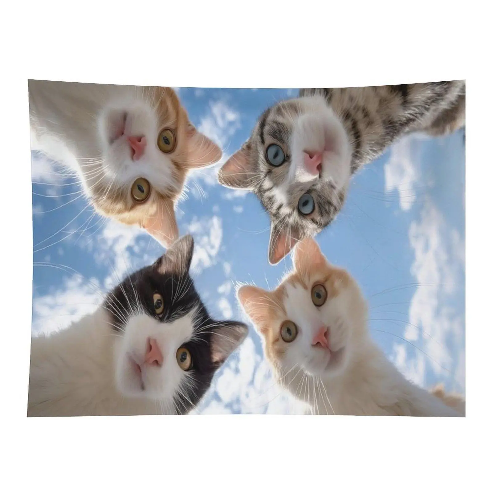 4 Cute Kittens Low-Angle Sky Selfie Wall Tapestry Hanging, Mixed Tabby-Tuxedo-Orange Cat Close-Up Pet Art Decor for Cat Lovers’ Bedroom Dorm