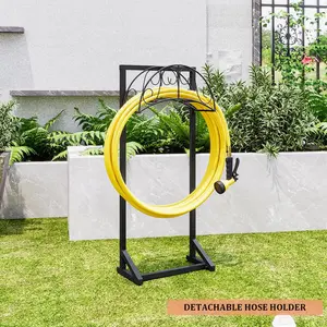 INGIORDAR Heavy Duty Metal Garden Hose Holder Stand with 4 Spikes & Tool Hooks - Detachable Outdoor Hose Reel Organizer for Yard Patio Garage Rustproof Space-Saving Lawn Care Tool