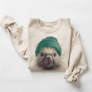 Cute Porcupine Wearing Beanie Sweatshirt – Woodland Creature Crewneck, Camping & Hiking Gift, Vintage (Phuhi) 90s Unisex Adult and Youth T-shirt Wildlife Outdoors Pullover