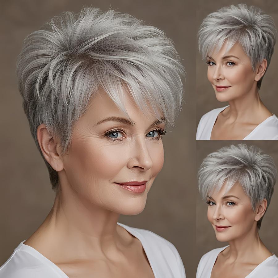 150% Density Brazilian Remy Human Hair Wig, Short Straight Layered Grey Salt & Pepper Glueless Wig for Women, Natural Look Rose Net Cap, Secure Fit for Daily Party & Mother's Day Gift