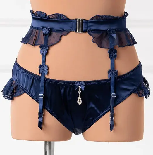 Lacy Bow Garter Belt - Navy