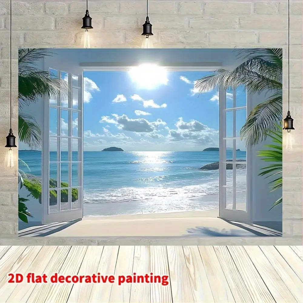 1pc Durable Polyester 2D Flat Tropical Scene Photography Backdrop - Coconut Trees, Sea Waves - Ideal for Weddings, Summer Events - Compatible with Cameras, Smartphones, Wedding