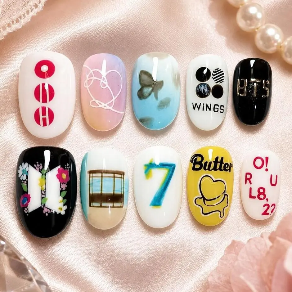 BTS Press On Nails, Bangtan Album Era Nail Set, Wings Butter Love Yourself Short Square Fake Nails, Kpop ARMY Fan Gift
