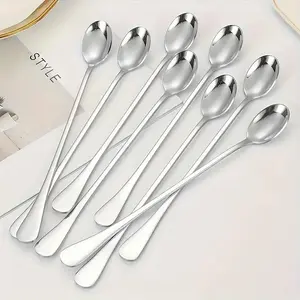 Stainless Steel Long-Handled Spoons (8 Counts), Coffee, Ice Cream & Tea Spoons, Modern Household Cutlery Set & Kitchen Accessories