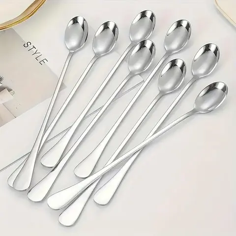 Stainless Steel Sturdy Thick Long-Handled Spoons (8 Counts), Coffee, Ice Cream & Tea Spoons, Soup Spoons Stainless Steel, Modern Household Cutlery Set, Kitchenware & Tableware Accessories, Utensils