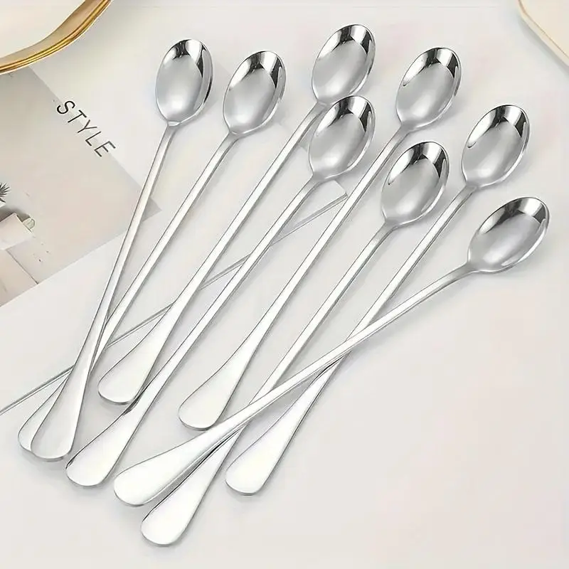 Stainless Steel Long Handle Spoon (8 Counts), Coffee Spoon, Ice Cream Stirring Spoon, Kitchen Accessories, Household Cutlery Set, Modern Home Kitchen
