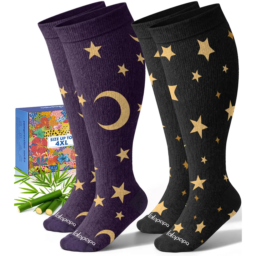 Lalapapa Bamboo Wide Calf Compression Socks - 2 Pairs 15-20mmHg Plus Size Graduated Socks for Women, Spandex Viscose Seamless Fit, Comfortable Support for Father’s Day or Everyday Wear,summerwins,father'sdaygifts,campingessentials,campinggear