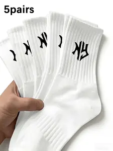 5 Pairs Unisex Letter Color Mid-Calf Socks, Casual Soft Breathable Sports Socks, Volleyball Socks, Suitable for Daily Wear, Sport, Business, Travel, All Seasons