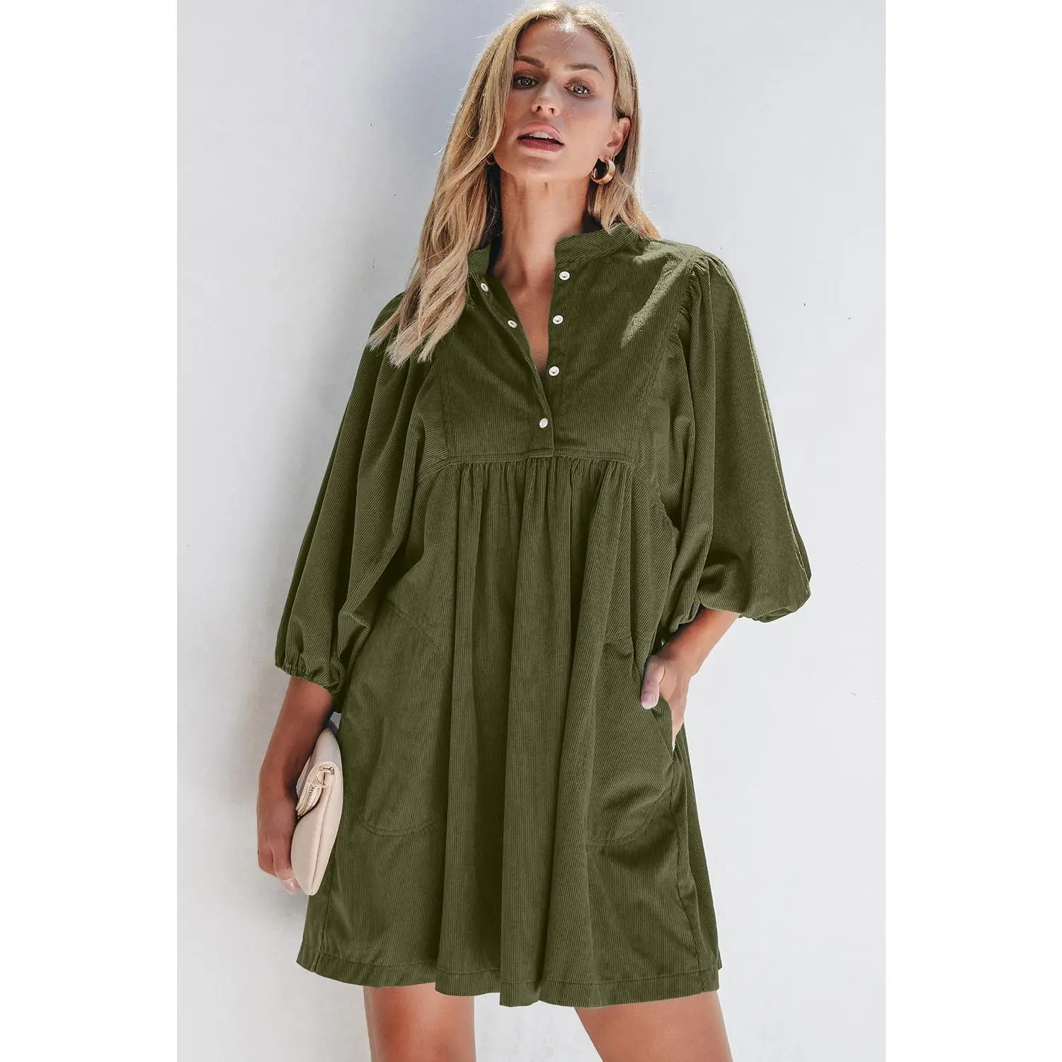 Vineyard Green Corduroy Snap Buttons Empire Waist Bracelet Sleeve Dress