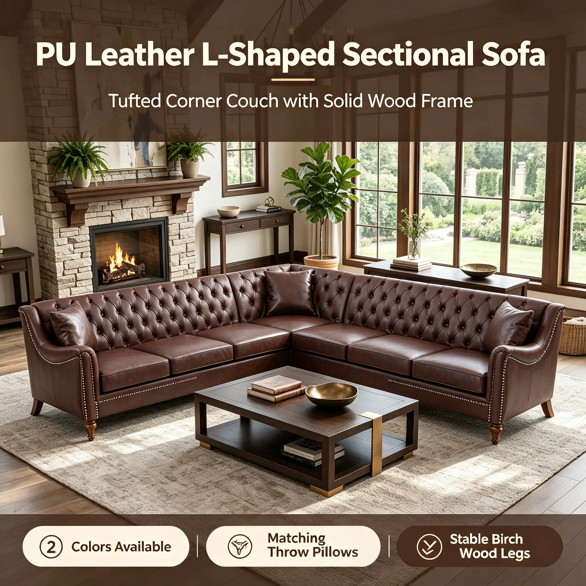 Classic PU Leather L-Shaped Sectional Sofa with Tufted Backrest, Nail Head Trim, Fixed Arms - Solid Wood Frame Comfy Couch with Birch Wood Legs, Sofas for Living Room