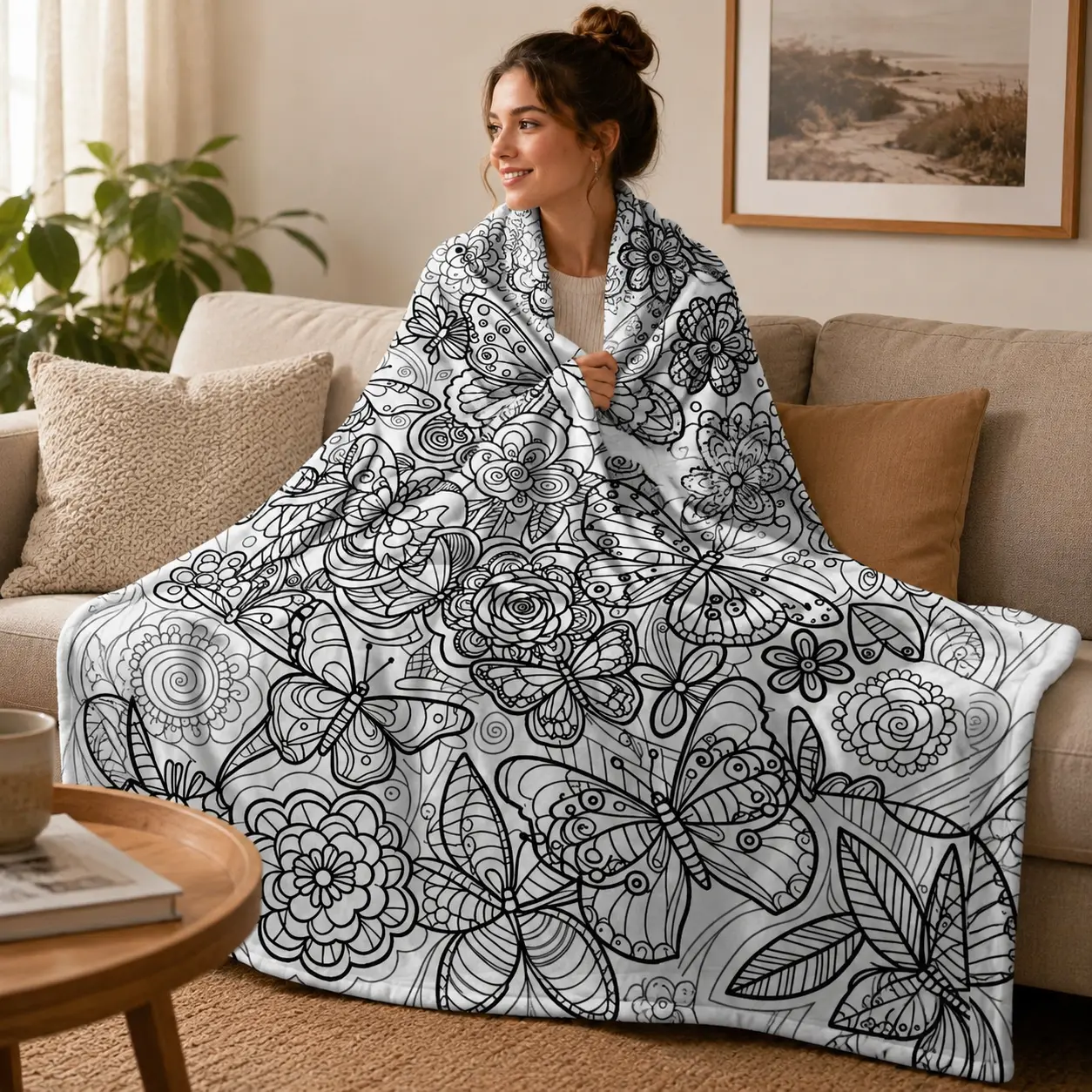 Butterfly Floral Coloring Flannel Throw Blanket, Soft Cozy Fleece Blanket, Black and White Coloring Design for Kids Adults, Bedroom Couch Sofa Relaxation Home Decor Gift