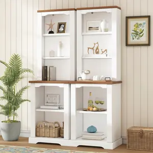 2-Piece Tall Storage Cabinet with Open Shelves, Freestanding Curved Bookshelf & Anti-Tip Device, for Living Room Bedroom Hallway, Walnut White