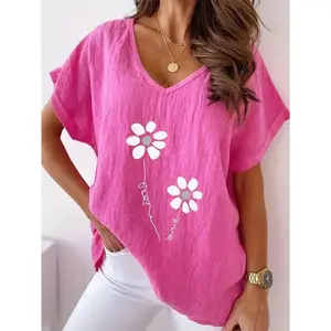 Women's Plus Size Floral Print T-Shirt,Linen Fabric Cloth V-Neck - Loose Fit And Casual Style Top Womenswear Summer