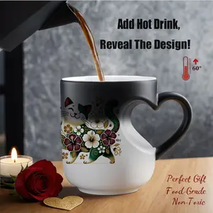 Thermosensitive Ceramic Mug with Floral Cat Design, Heart-Shaped Handle, 11 Oz/330 Ml, Color-Changing Coffee Cup, Reusable & Non-Slip