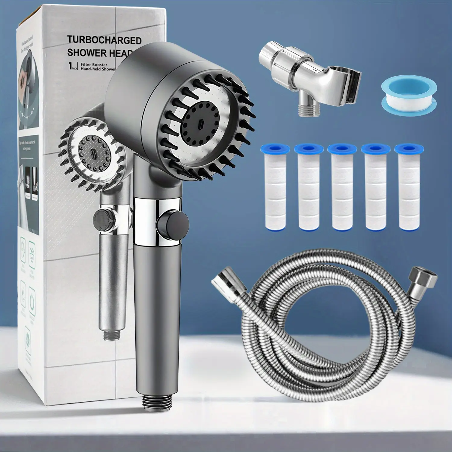 Filtered Shower Head with Handheld, High Pressure Shower Head 4 Spray Modes, Shower Head with ON/ OFF Switch for Pets, Shower Heads Combo with Hose And 5 Filter Element for Shower Use Only