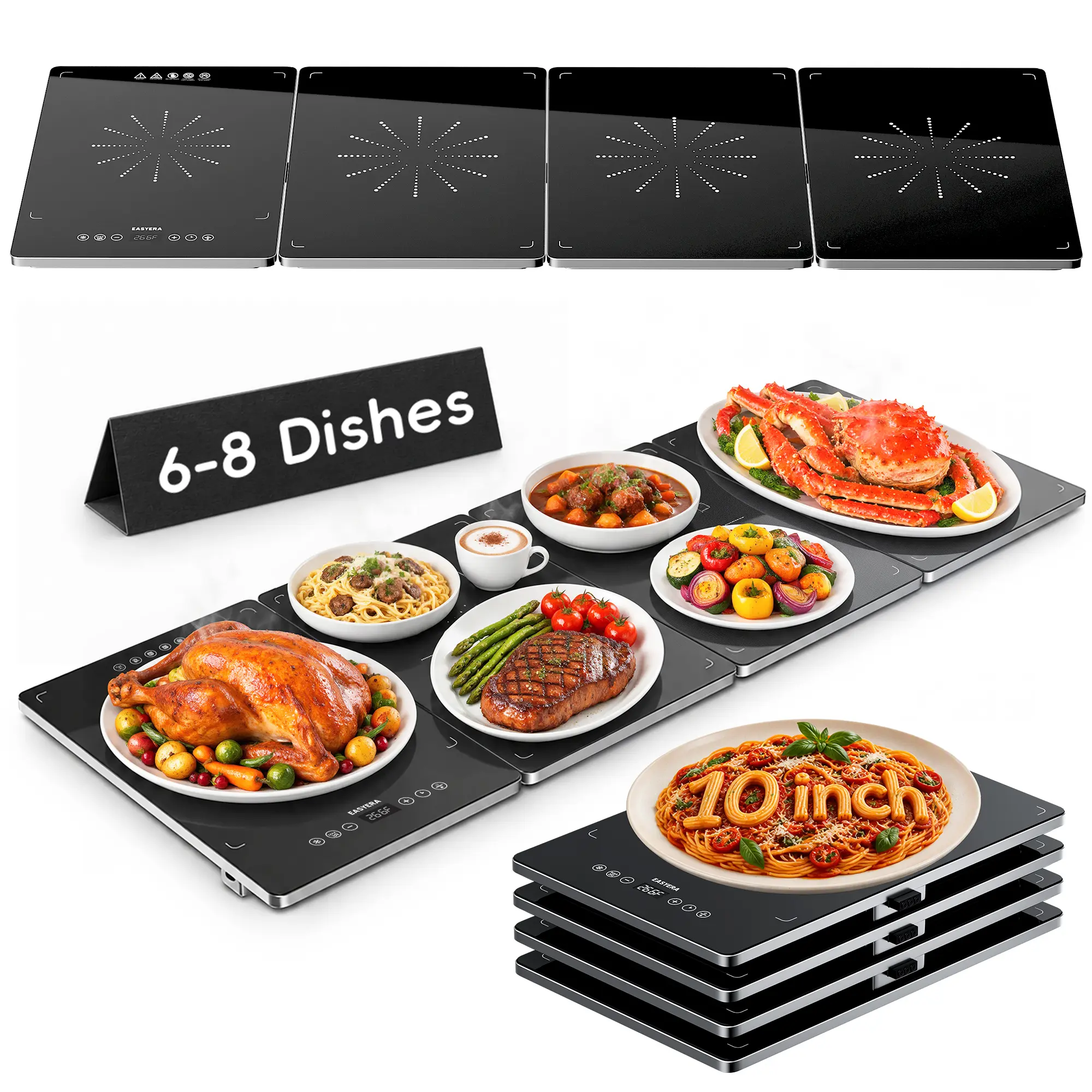 easyera Electric Warming Tray, 4-in-1 Modular Food Warmer with 10 Heat Levels up to 266°F & 8H Timer,  Tempered Glass Warming Trays for Food, Parties, Buffet, Family & Holiday Gatherings