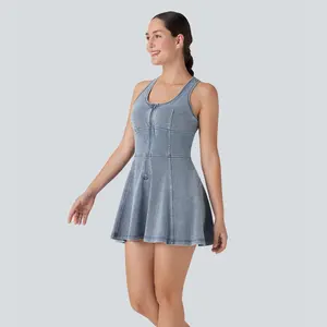 Halara Flex Racerback Sleeveless Half Zipper Mini Washed Stretchy Knit Denim Casual Dress